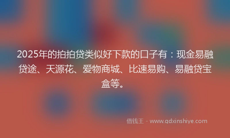 2025年的拍拍贷类似好下款的口子有：现金易融贷途、天源花、爱物商城、比速易购、易融贷宝盒等。