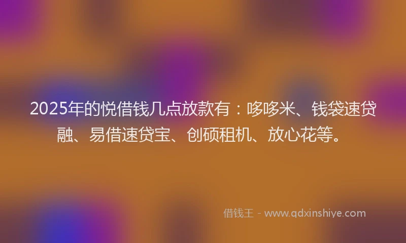 2025年的悦借钱几点放款有：哆哆米、钱袋速贷融、易借速贷宝、创硕租机、放心花等。