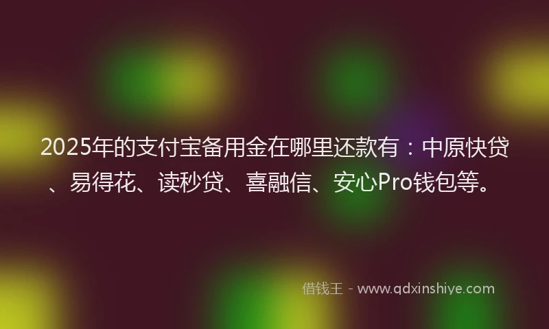 2025年的支付宝备用金在哪里还款有：中原快贷、易得花、读秒贷、喜融信、安心Pro钱包等。