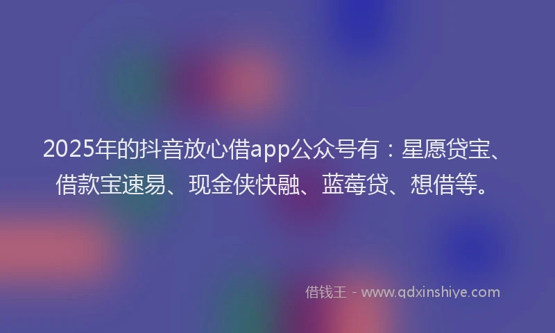 2025年的抖音放心借app公众号有：星愿贷宝、借款宝速易、现金侠快融、蓝莓贷、想借等。