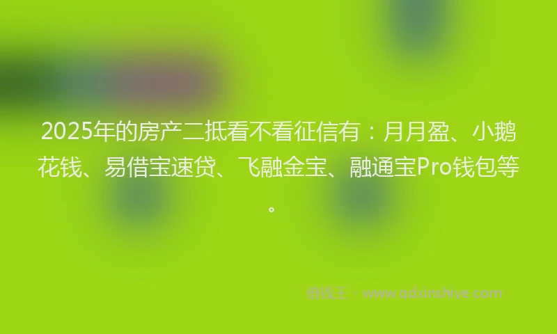 2025年的房产二抵看不看征信有：月月盈、小鹅花钱、易借宝速贷、飞融金宝、融通宝Pro钱包等。