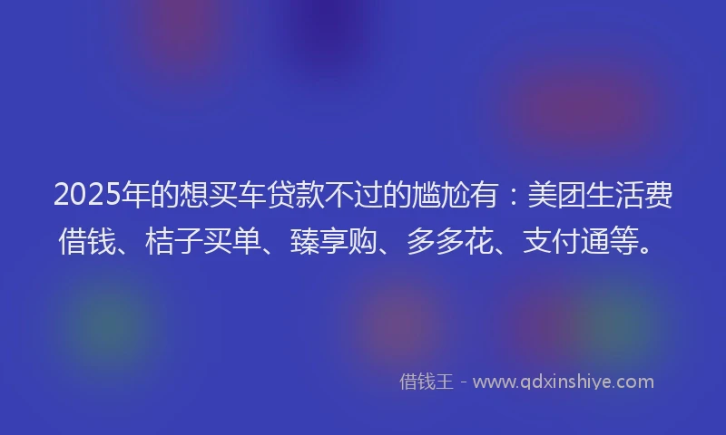 2025年的想买车贷款不过的尴尬有：美团生活费借钱、桔子买单、臻享购、多多花、支付通等。