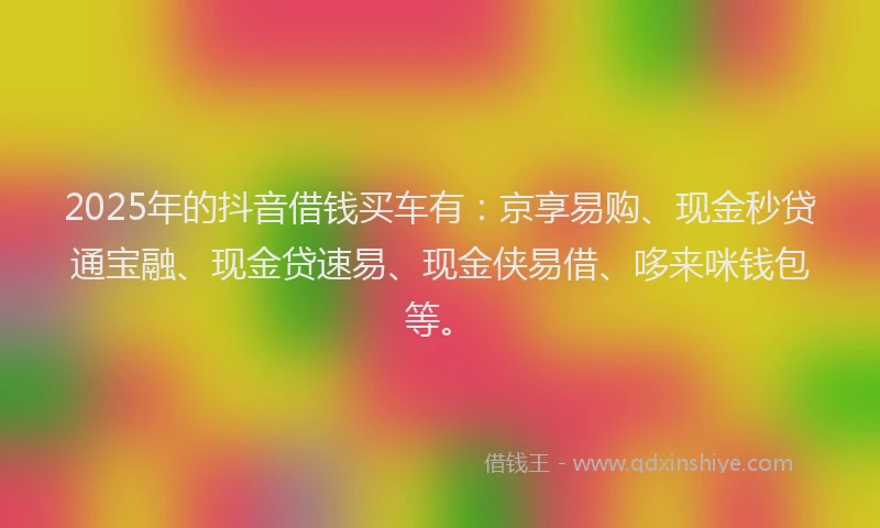 2025年的抖音借钱买车有：京享易购、现金秒贷通宝融、现金贷速易、现金侠易借、哆来咪钱包等。