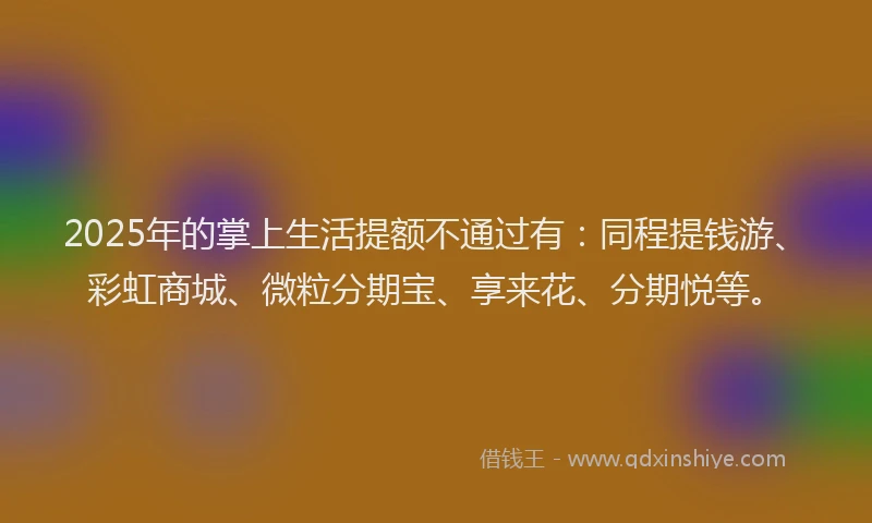 2025年的掌上生活提额不通过有：同程提钱游、彩虹商城、微粒分期宝、享来花、分期悦等。