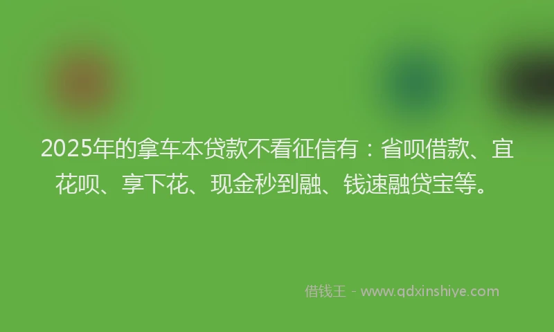 2025年的拿车本贷款不看征信有：省呗借款、宜花呗、享下花、现金秒到融、钱速融贷宝等。