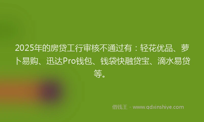 2025年的房贷工行审核不通过有：轻花优品、萝卜易购、迅达Pro钱包、钱袋快融贷宝、滴水易贷等。