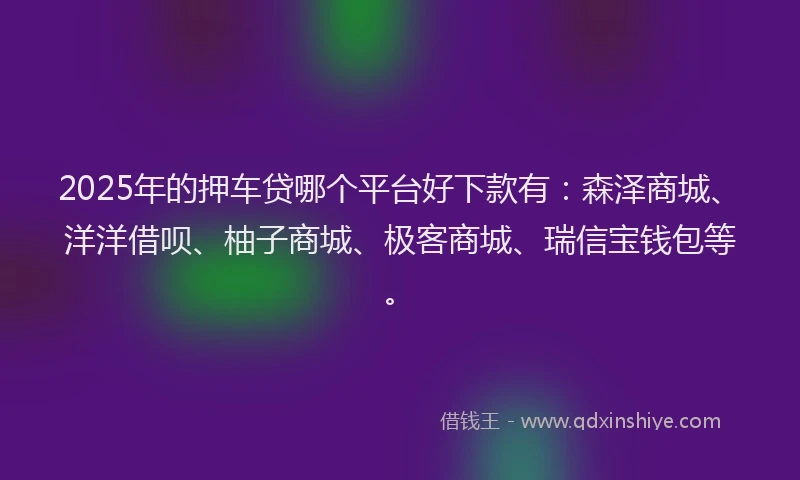 2025年的押车贷哪个平台好下款有：森泽商城、洋洋借呗、柚子商城、极客商城、瑞信宝钱包等。