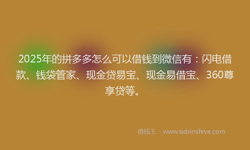 2025年的拼多多怎么可以借钱到微信有：闪电借款、钱袋管家、现金贷易宝、现金易借宝、360尊享贷等。