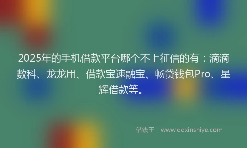 2025年的手机借款平台哪个不上征信的有：滴滴数科、龙龙用、借款宝速融宝、畅贷钱包Pro、星辉借款等。