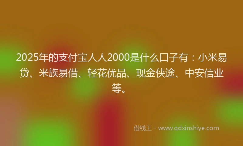 2025年的支付宝人人2000是什么口子有：小米易贷、米族易借、轻花优品、现金侠途、中安信业等。