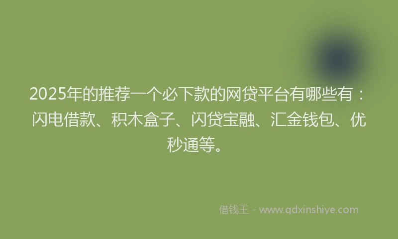 2025年的推荐一个必下款的网贷平台有哪些有：闪电借款、积木盒子、闪贷宝融、汇金钱包、优秒通等。
