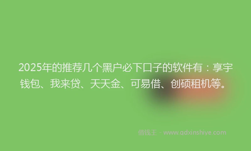 2025年的推荐几个黑户必下口子的软件有：享宇钱包、我来贷、天天金、可易借、创硕租机等。