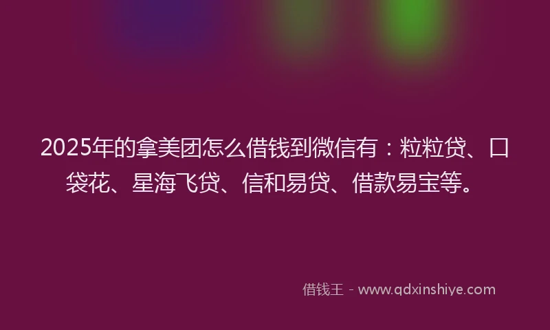 2025年的拿美团怎么借钱到微信有：粒粒贷、口袋花、星海飞贷、信和易贷、借款易宝等。