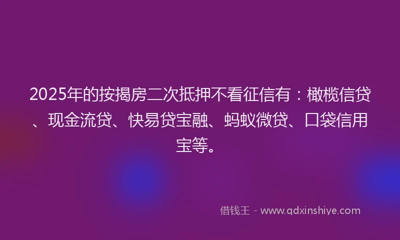 2025年的按揭房二次抵押不看征信有：橄榄信贷、现金流贷、快易贷宝融、蚂蚁微贷、口袋信用宝等。
