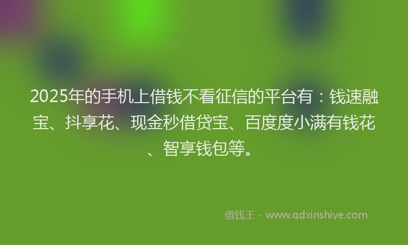 2025年的手机上借钱不看征信的平台有：钱速融宝、抖享花、现金秒借贷宝、百度度小满有钱花、智享钱包等。