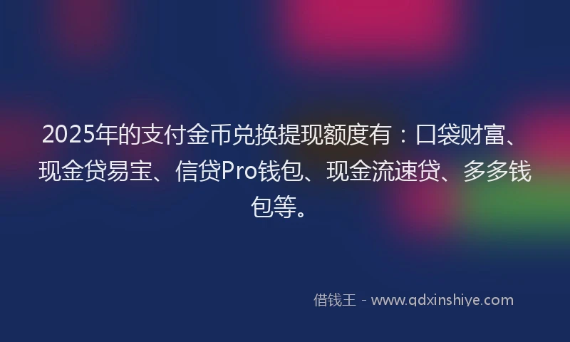 2025年的支付金币兑换提现额度有：口袋财富、现金贷易宝、信贷Pro钱包、现金流速贷、多多钱包等。