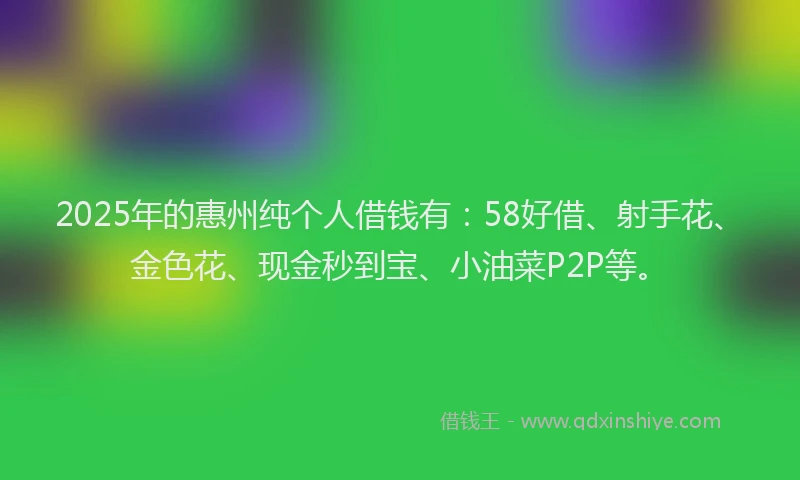 2025年的惠州纯个人借钱有：58好借、射手花、金色花、现金秒到宝、小油菜P2P等。