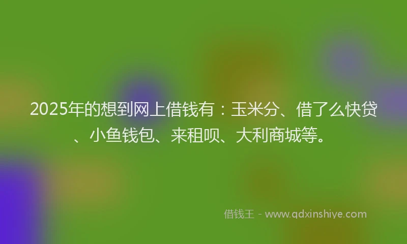 2025年的想到网上借钱有：玉米分、借了么快贷、小鱼钱包、来租呗、大利商城等。