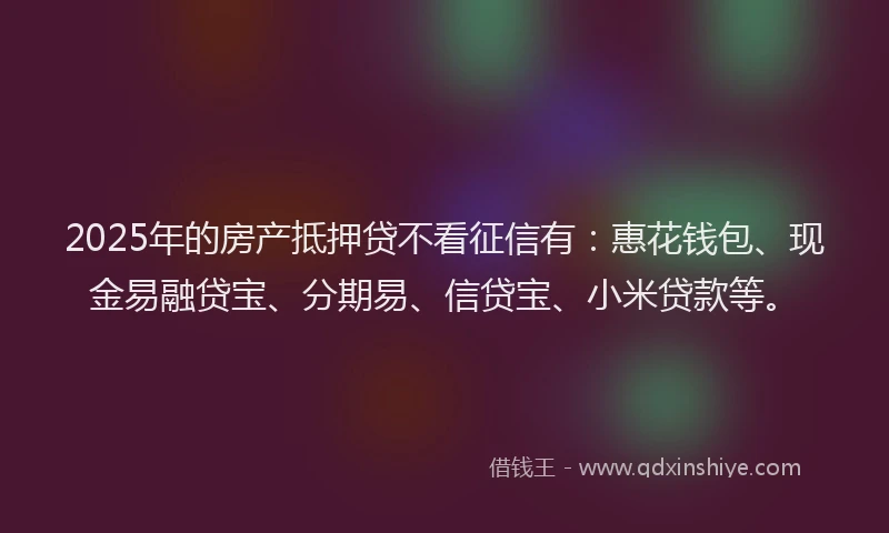 2025年的房产抵押贷不看征信有：惠花钱包、现金易融贷宝、分期易、信贷宝、小米贷款等。