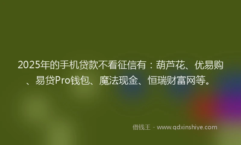 2025年的手机贷款不看征信有：葫芦花、优易购、易贷Pro钱包、魔法现金、恒瑞财富网等。