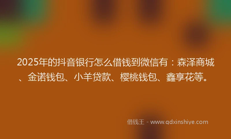 2025年的抖音银行怎么借钱到微信有：森泽商城、金诺钱包、小羊贷款、樱桃钱包、鑫享花等。