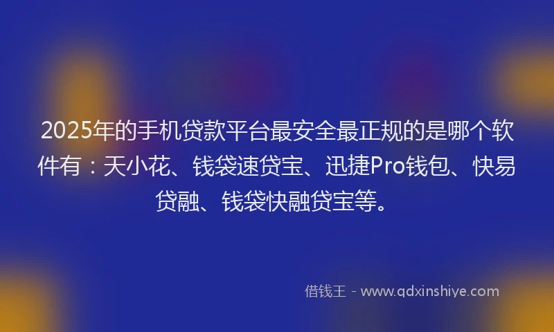 2025年的手机贷款平台最安全最正规的是哪个软件有：天小花、钱袋速贷宝、迅捷Pro钱包、快易贷融、钱袋快融贷宝等。