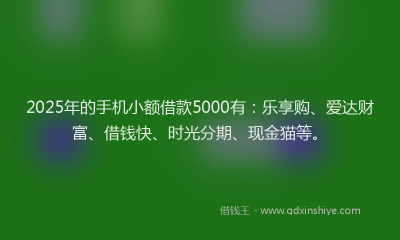 2025年的手机小额借款5000有：乐享购、爱达财富、借钱快、时光分期、现金猫等。