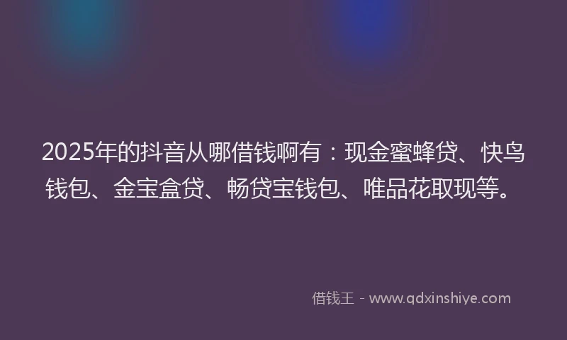 2025年的抖音从哪借钱啊有：现金蜜蜂贷、快鸟钱包、金宝盒贷、畅贷宝钱包、唯品花取现等。