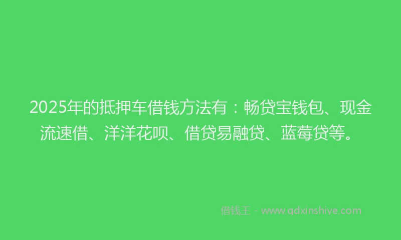 2025年的抵押车借钱方法有:畅贷宝钱包、现金流速借、洋洋花呗、借贷易融贷、蓝莓贷等。