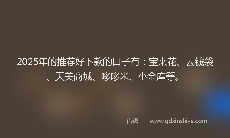 2025年的推荐好下款的口子有：宝来花、云钱袋、天美商城、哆哆米、小金库等。