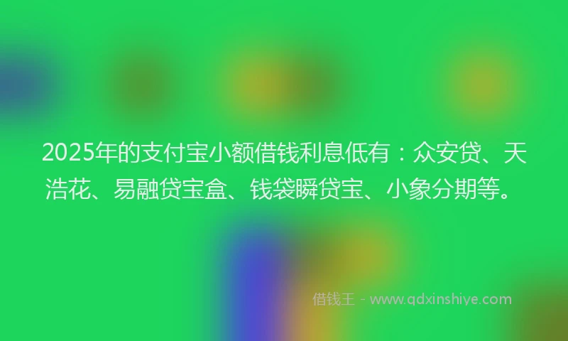 2025年的支付宝小额借钱利息低有：众安贷、天浩花、易融贷宝盒、钱袋瞬贷宝、小象分期等。