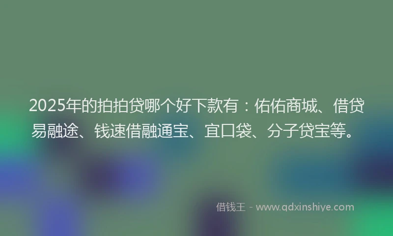 2025年的拍拍贷哪个好下款有：佑佑商城、借贷易融途、钱速借融通宝、宜口袋、分子贷宝等。