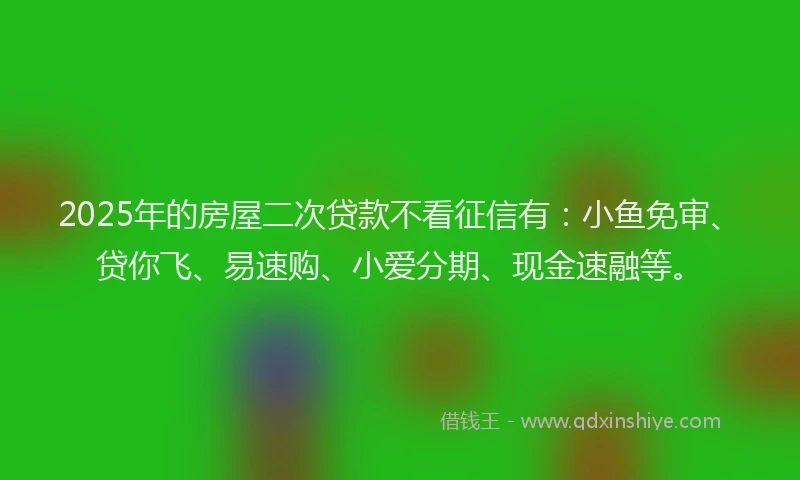 2025年的房屋二次贷款不看征信有：小鱼免审、贷你飞、易速购、小爱分期、现金速融等。