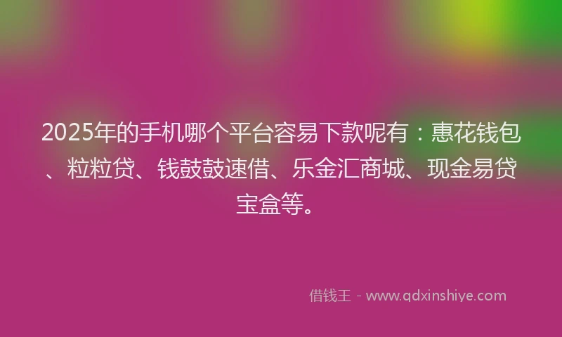 2025年的手机哪个平台容易下款呢有：惠花钱包、粒粒贷、钱鼓鼓速借、乐金汇商城、现金易贷宝盒等。