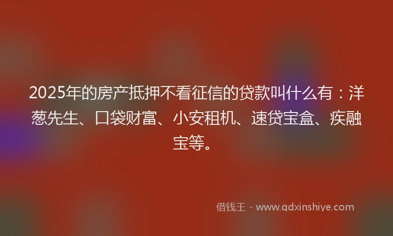 2025年的房产抵押不看征信的贷款叫什么有：洋葱先生、口袋财富、小安租机、速贷宝盒、疾融宝等。