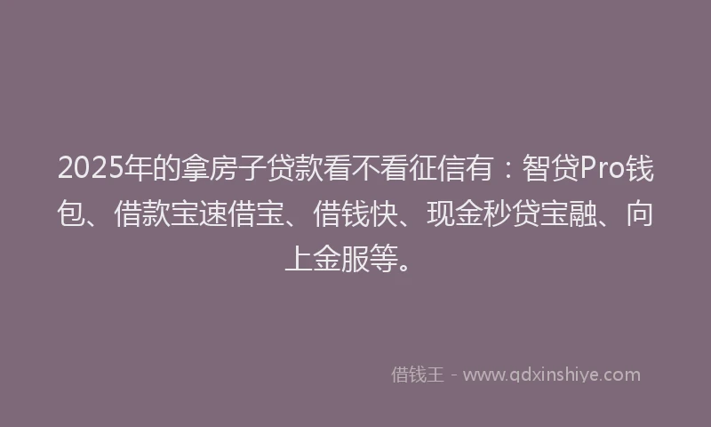 2025年的拿房子贷款看不看征信有：智贷Pro钱包、借款宝速借宝、借钱快、现金秒贷宝融、向上金服等。