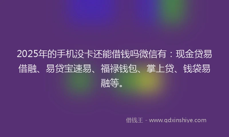 2025年的手机没卡还能借钱吗微信有：现金贷易借融、易贷宝速易、福禄钱包、掌上贷、钱袋易融等。