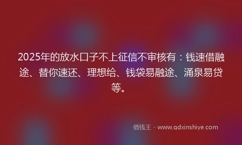 2025年的放水口子不上征信不审核有：钱速借融途、替你速还、理想给、钱袋易融途、涌泉易贷等。