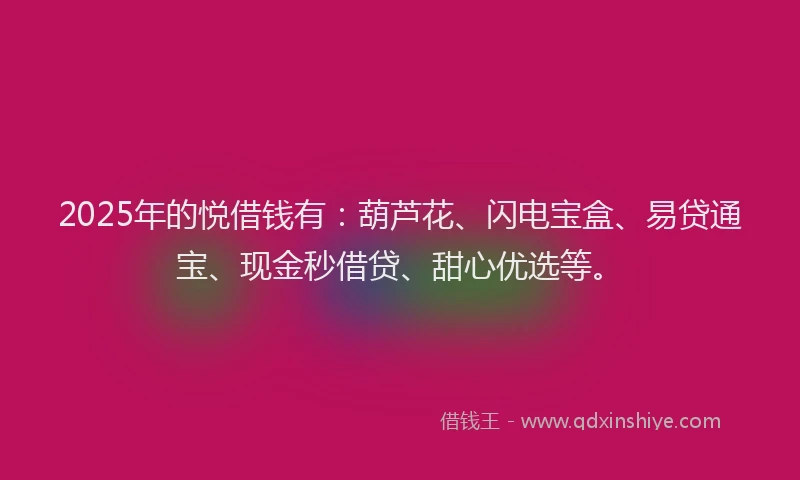 2025年的悦借钱有：葫芦花、闪电宝盒、易贷通宝、现金秒借贷、甜心优选等。