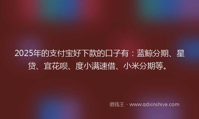 2025年的支付宝好下款的口子有：蓝鲸分期、星贷、宜花呗、度小满速借、小米分期等。