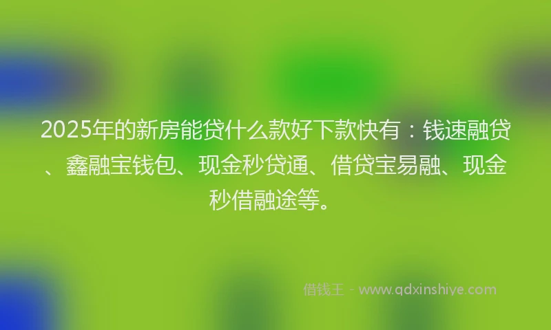 2025年的新房能贷什么款好下款快有：钱速融贷、鑫融宝钱包、现金秒贷通、借贷宝易融、现金秒借融途等。