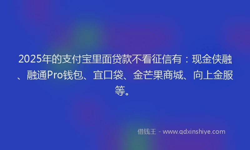 2025年的支付宝里面贷款不看征信有：现金侠融、融通Pro钱包、宜口袋、金芒果商城、向上金服等。
