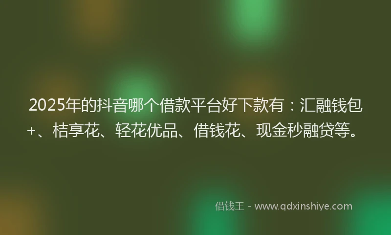 2025年的抖音哪个借款平台好下款有：汇融钱包+、桔享花、轻花优品、借钱花、现金秒融贷等。