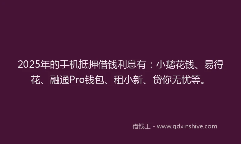 2025年的手机抵押借钱利息有：小鹅花钱、易得花、融通Pro钱包、租小新、贷你无忧等。