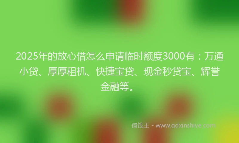 2025年的放心借怎么申请临时额度3000有：万通小贷、厚厚租机、快捷宝贷、现金秒贷宝、辉誉金融等。