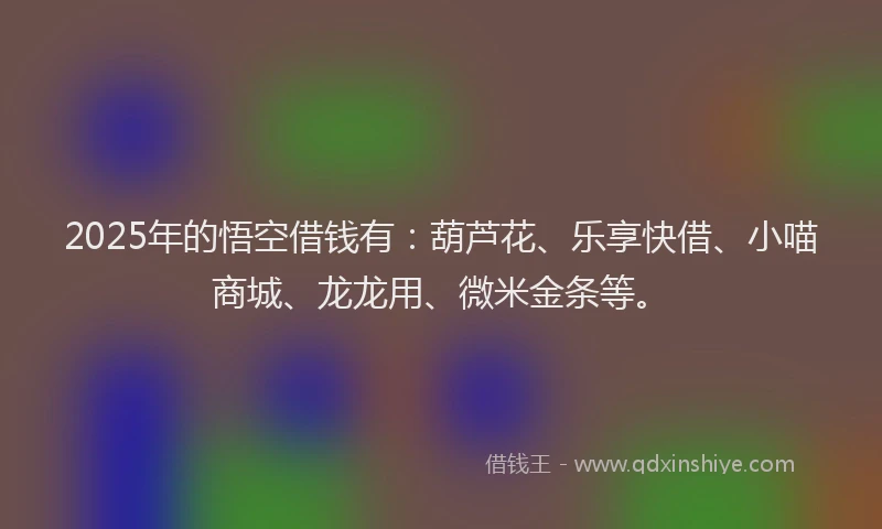 2025年的悟空借钱有：葫芦花、乐享快借、小喵商城、龙龙用、微米金条等。
