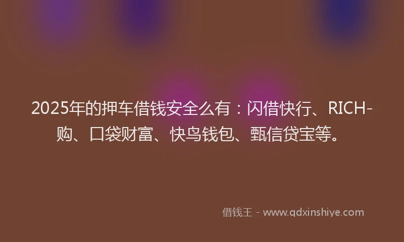 2025年的押车借钱安全么有：闪借快行、RICH-购、口袋财富、快鸟钱包、甄信贷宝等。