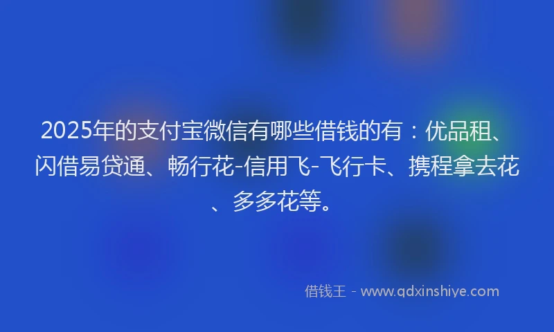 2025年的支付宝微信有哪些借钱的有：优品租、闪借易贷通、畅行花-信用飞-飞行卡、携程拿去花、多多花等。