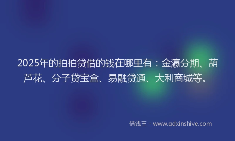 2025年的拍拍贷借的钱在哪里有：金瀛分期、葫芦花、分子贷宝盒、易融贷通、大利商城等。