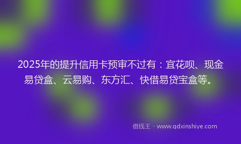 2025年的提升信用卡预审不过有：宜花呗、现金易贷盒、云易购、东方汇、快借易贷宝盒等。